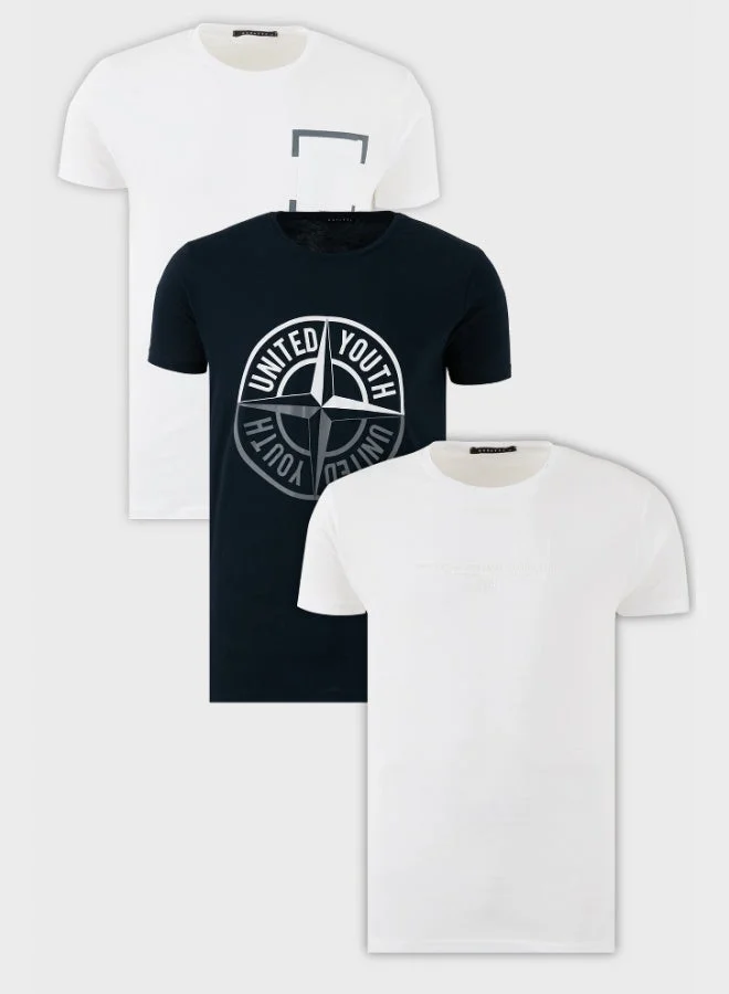 Buratti Buratti Cotton Slim Fit Crew Neck Printed 3-Pack T Shirt Men's T-SHIRT 541S31